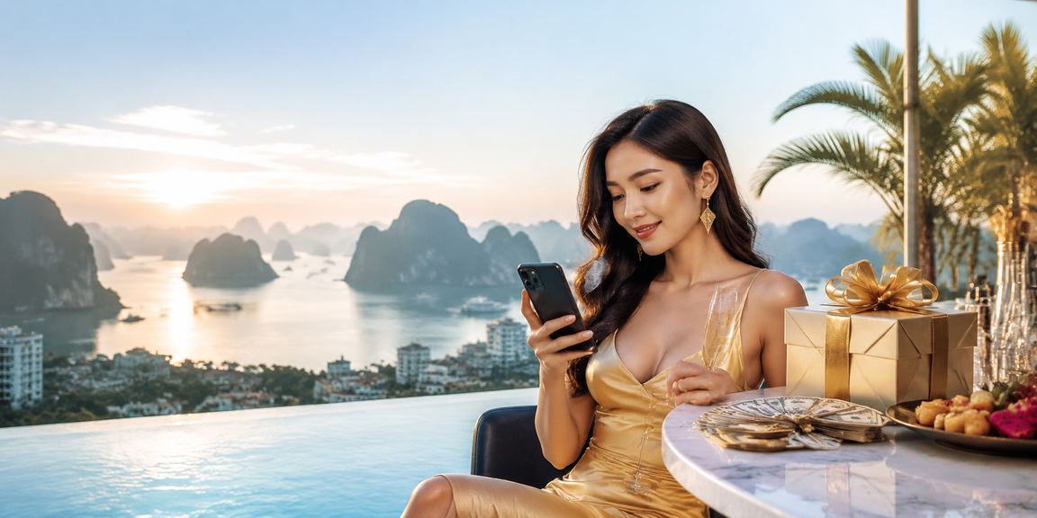 Người mẫu Việt Nam sử dụng điện thoại xem phân tích cược tại Hạ Long