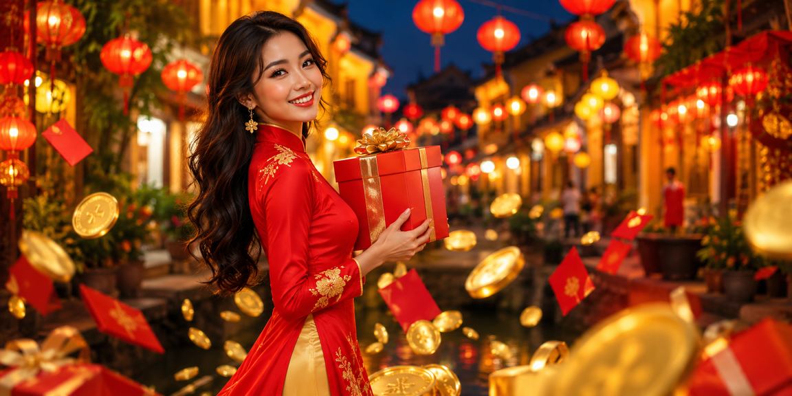 Không gian hội An với phong bao lì xì và đèn lồng đỏ